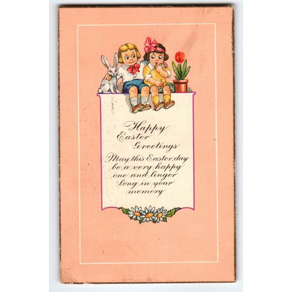 Vintage Easter Postcard with Children, Bunny Rabbit & Tulip Illustration 1926 - Picture 1 of 2